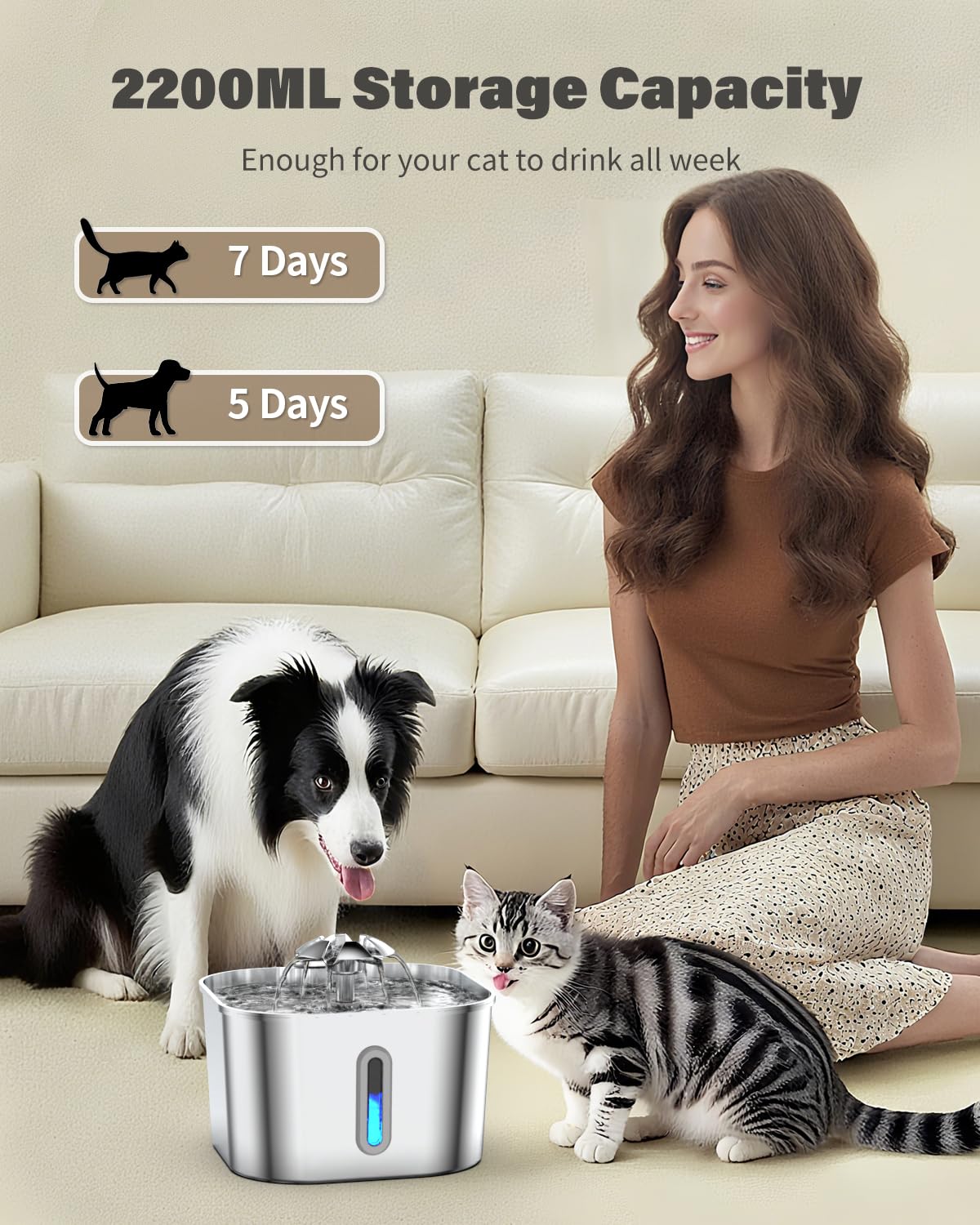 Wonder Creature cat water fountain pump shown for quiet operation in a calm home.