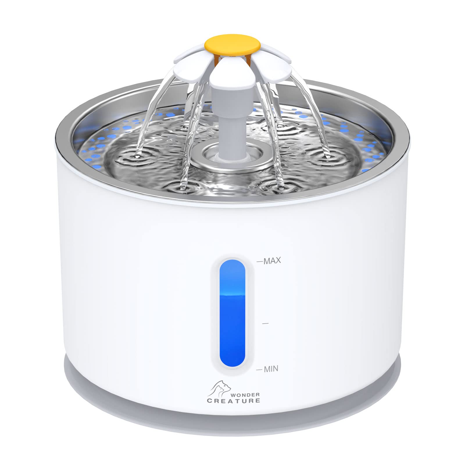 Wonder Creature cat fountain stainless lid assembly demonstrates durable, easy-to-clean design.