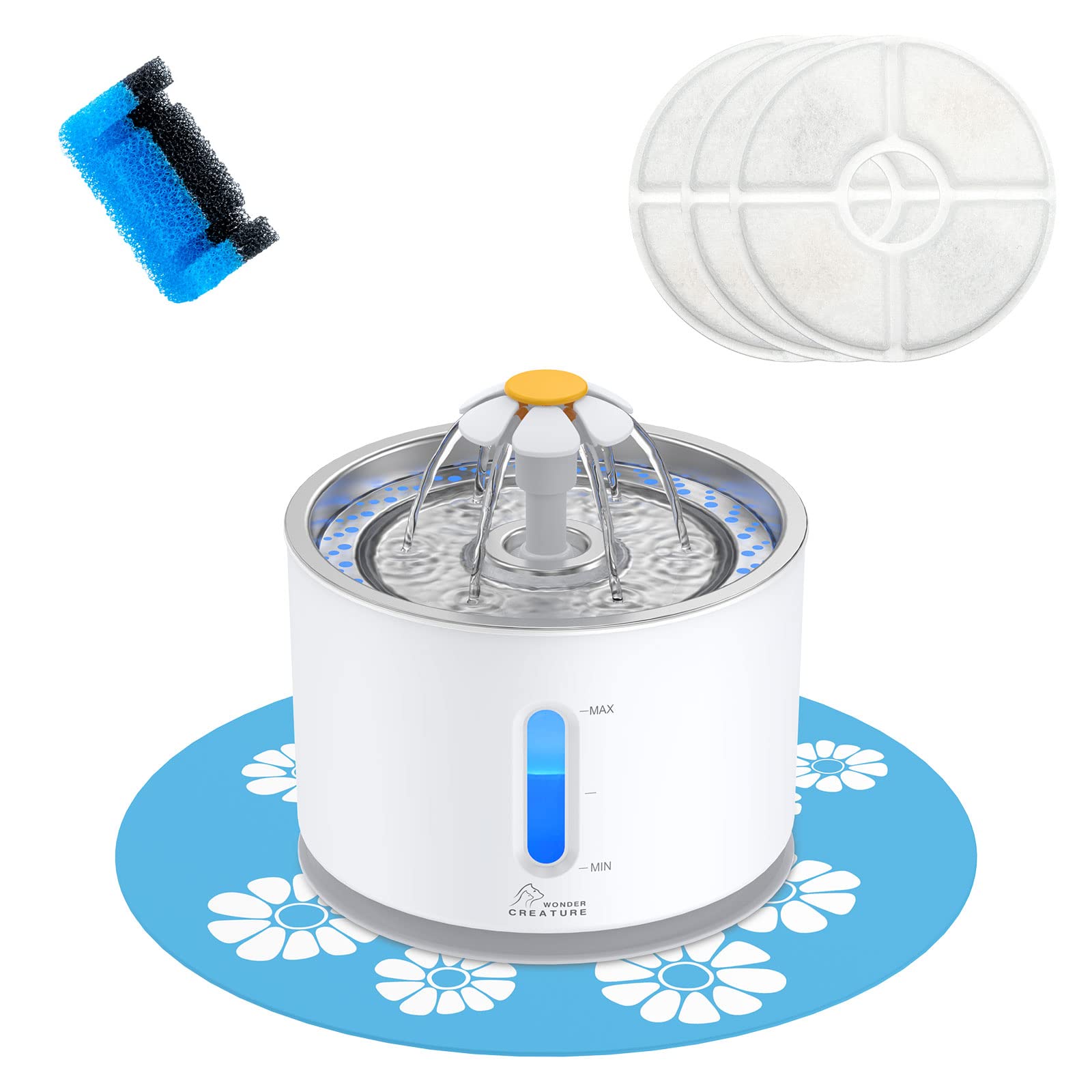 Wonder Creature cat water fountain top view highlights stainless steel surface for hygienic cleaning.