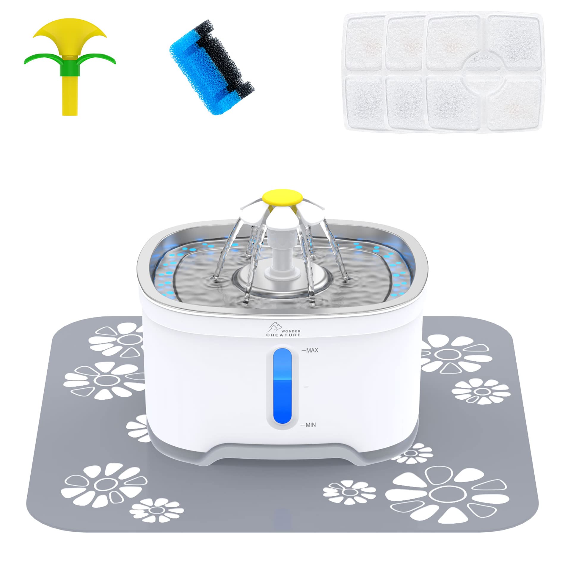 Wonder Creature cat water fountain top view shows durable stainless steel for hygienic drinking.