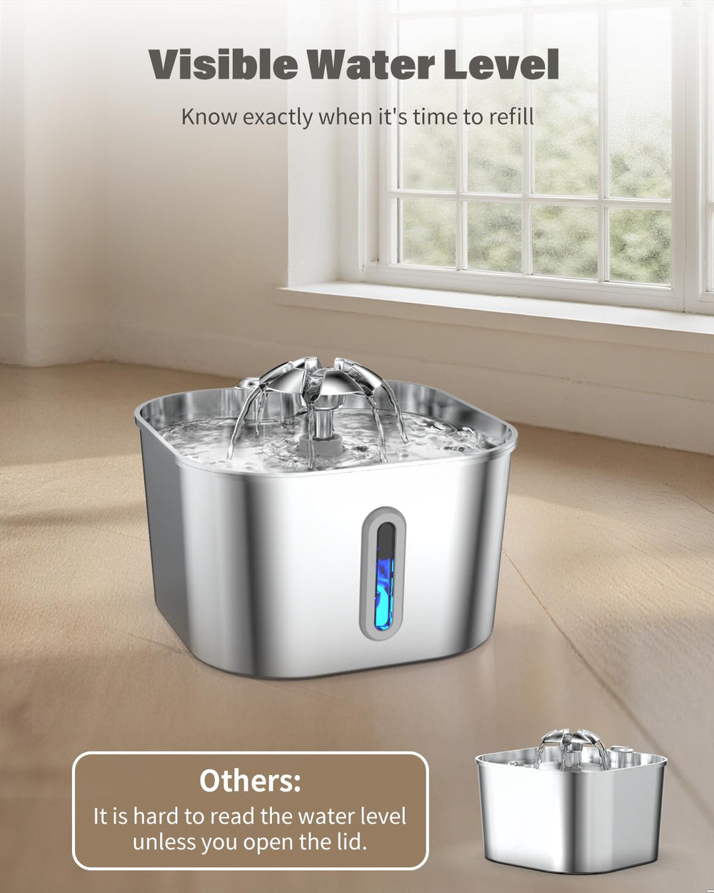 Wonder Creature water level window on the fountain for easy refill planning.