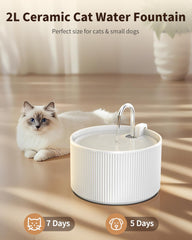 Wonder Creature ceramic cat water fountain 2.2L capacity for multi-day hydration.