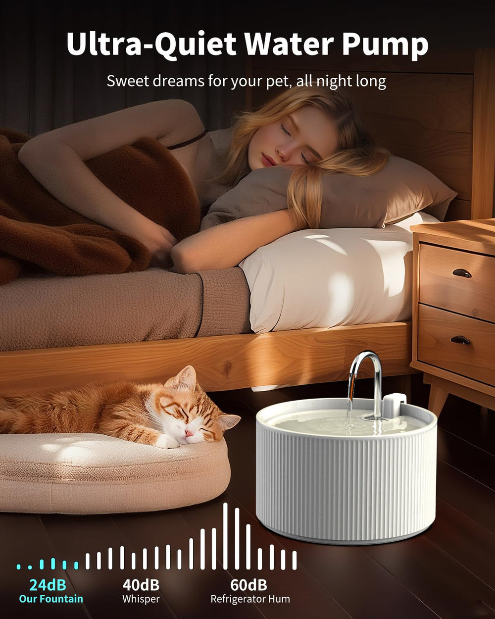 Wonder Creature ceramic cat water fountain ultra-quiet pump for peaceful bedrooms.