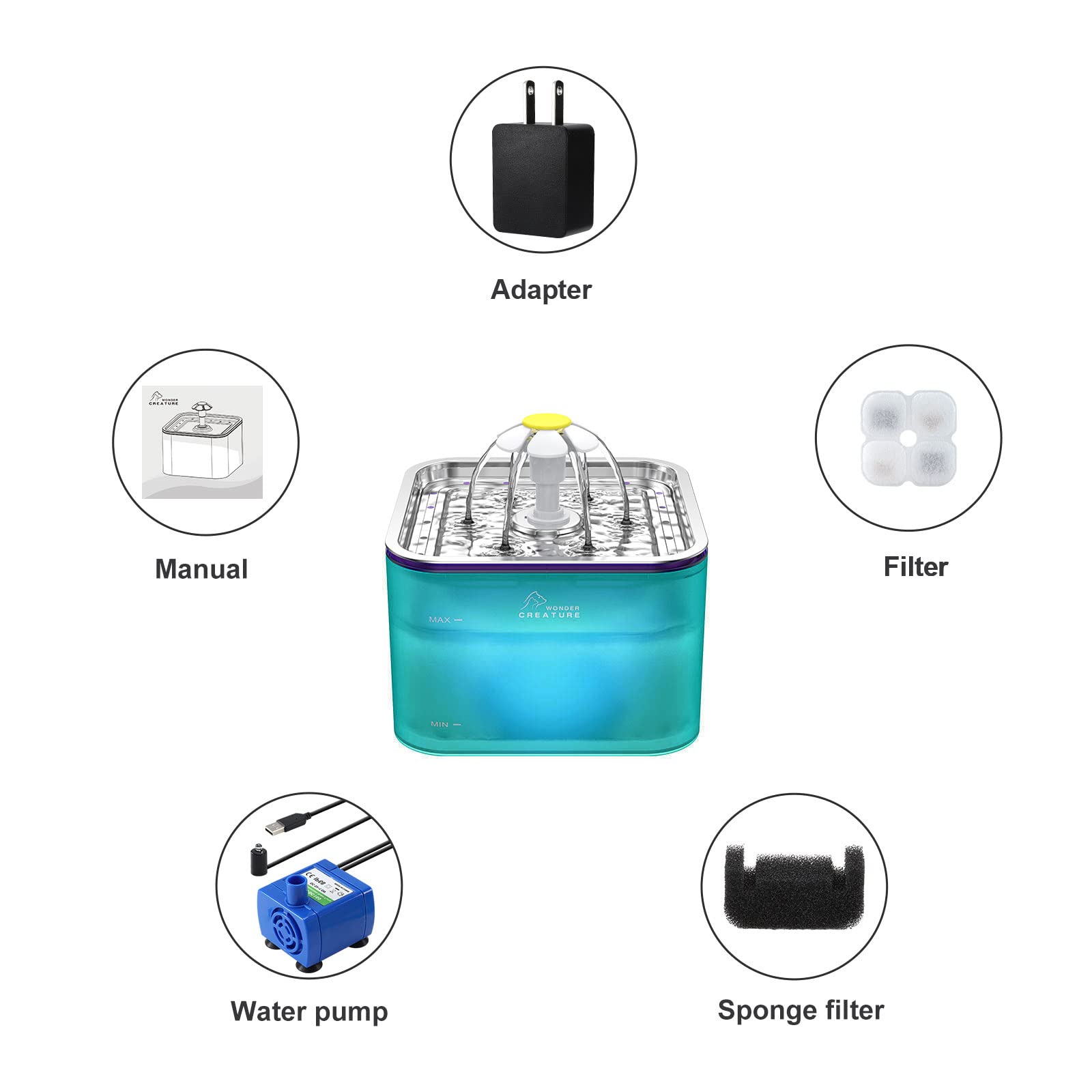 Wonder Creature Crystal Cat Water Fountain is dishwasher-safe for hygienic care.