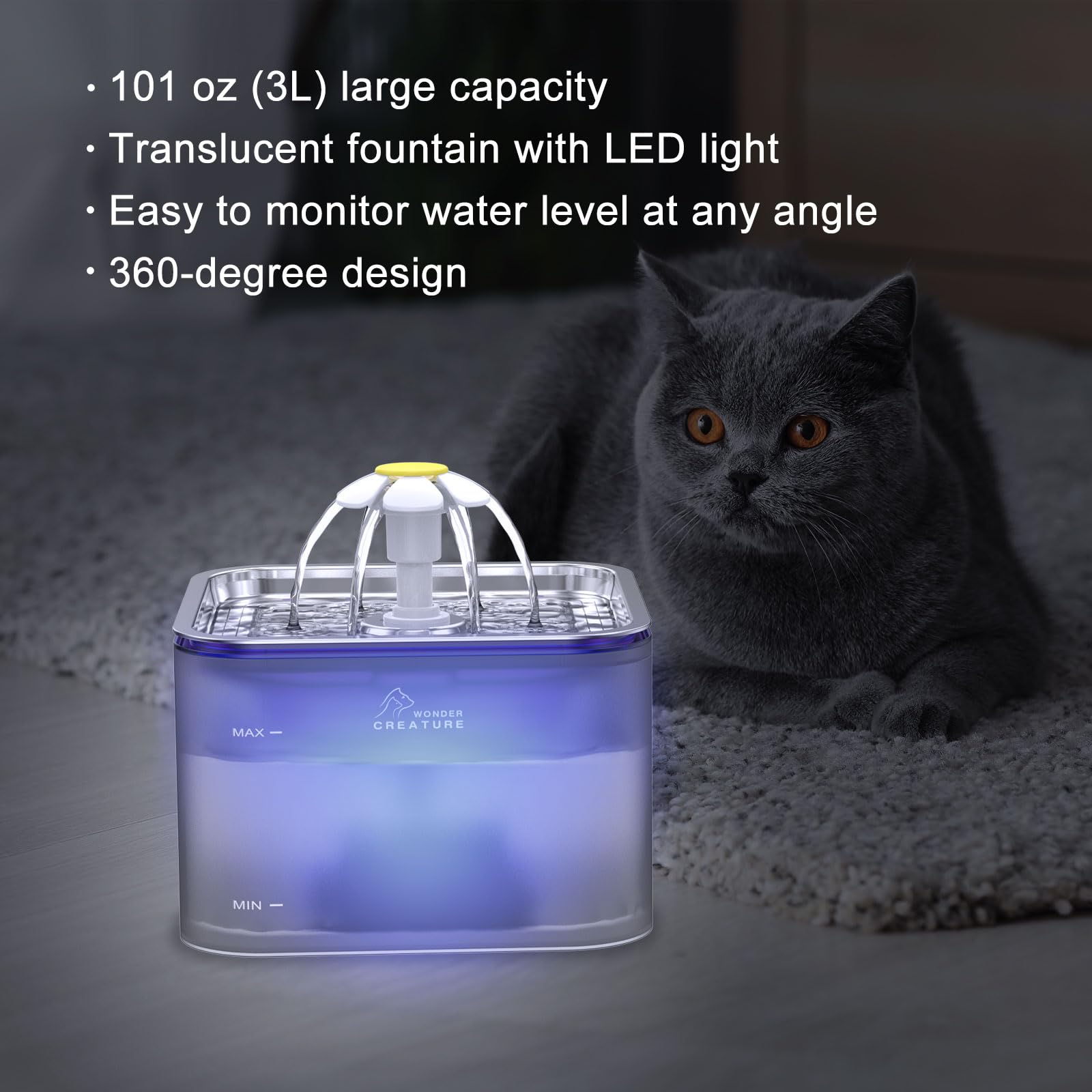 Wonder Creature Crystal Cat Water Fountain LED light on provides soft nighttime visibility.