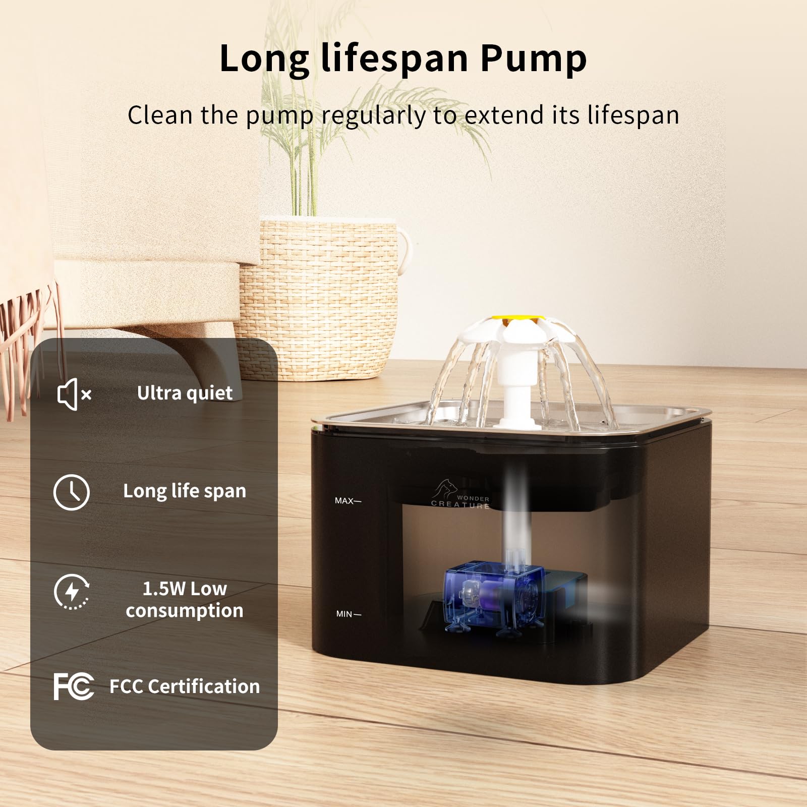 Wonder Creature Crystal Cat Water Fountain quiet pump provides calm, low-noise operation