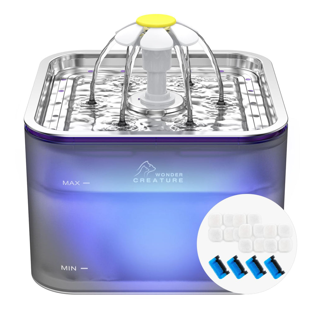 Wonder Creature Crystal Cat Water Fountain with stainless-steel lid offers hygienic, durable hydration.
