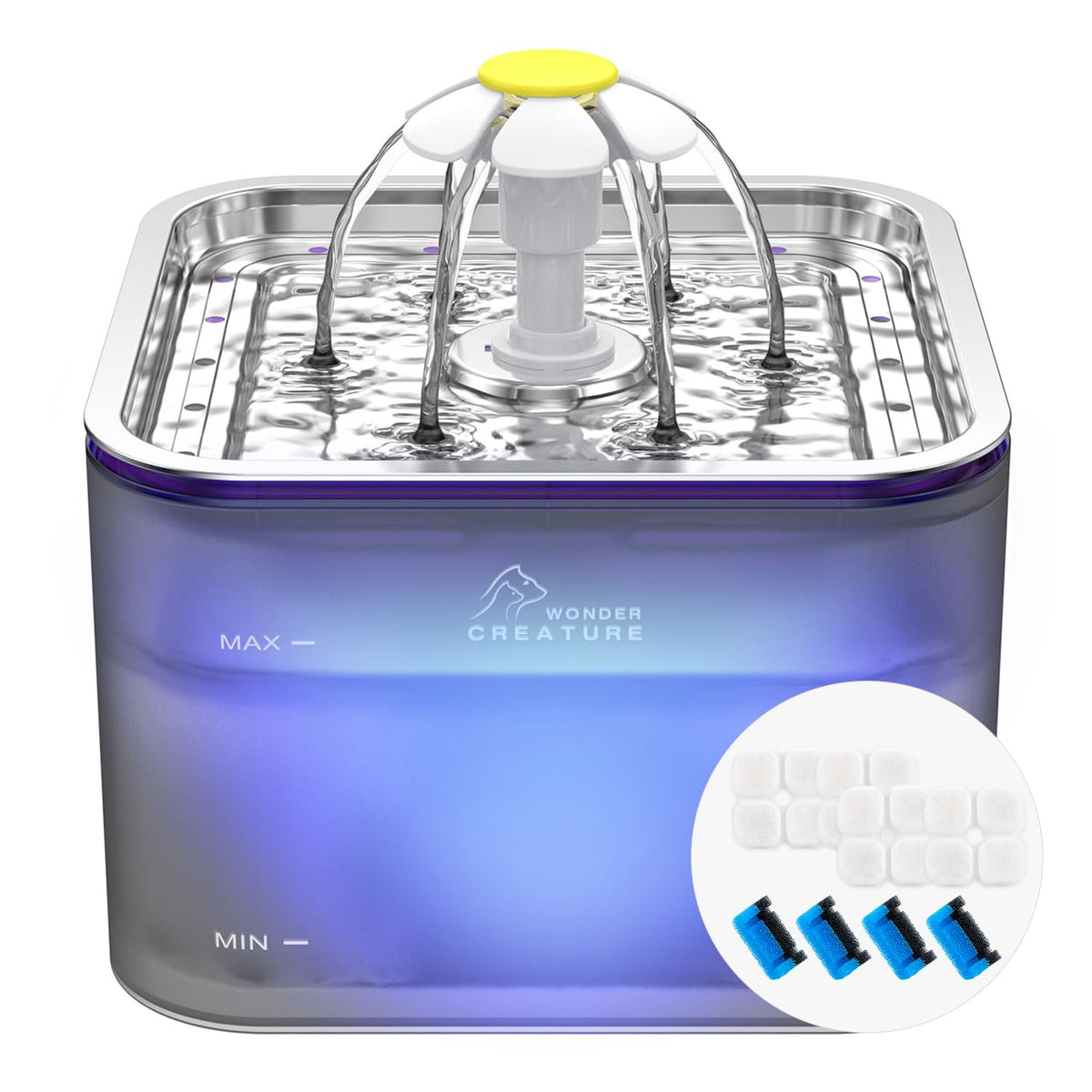 Wonder Creature Crystal Cat Water Fountain with stainless-steel lid offers hygienic, durable hydration.