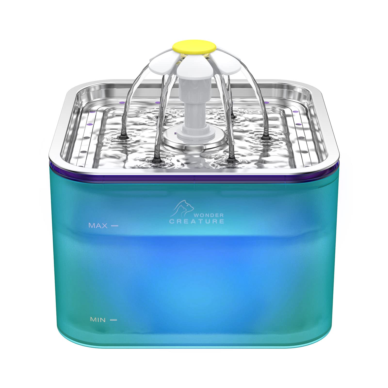 Wonder Creature Crystal Cat Water Fountain stainless-steel lid, durable and easy cleaning.