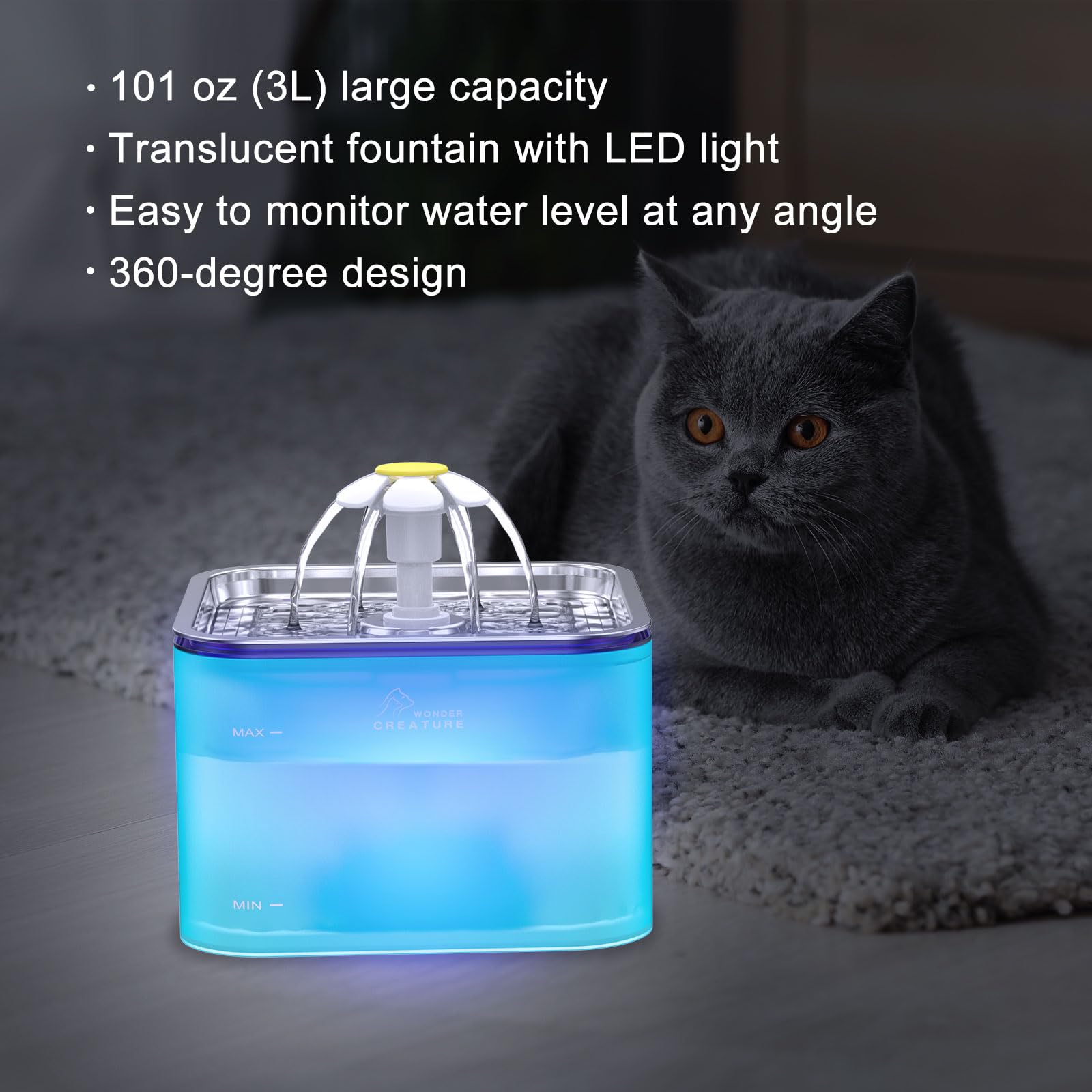 Wonder Creature Crystal Cat Water Fountain transparent base shows water level for quick checks.