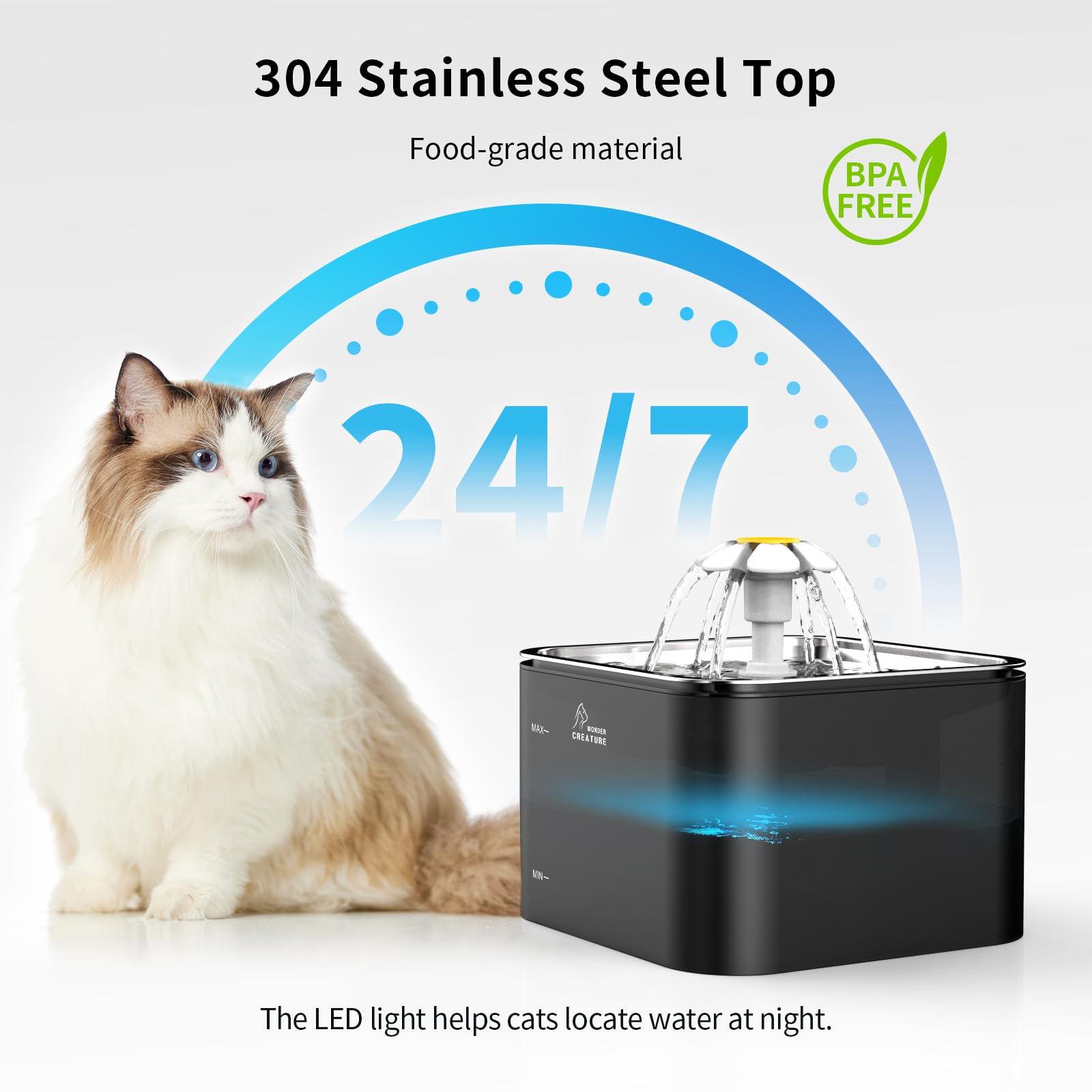 Wonder Creature Crystal Cat Water Fountain transparent base makes water level visible at a glance