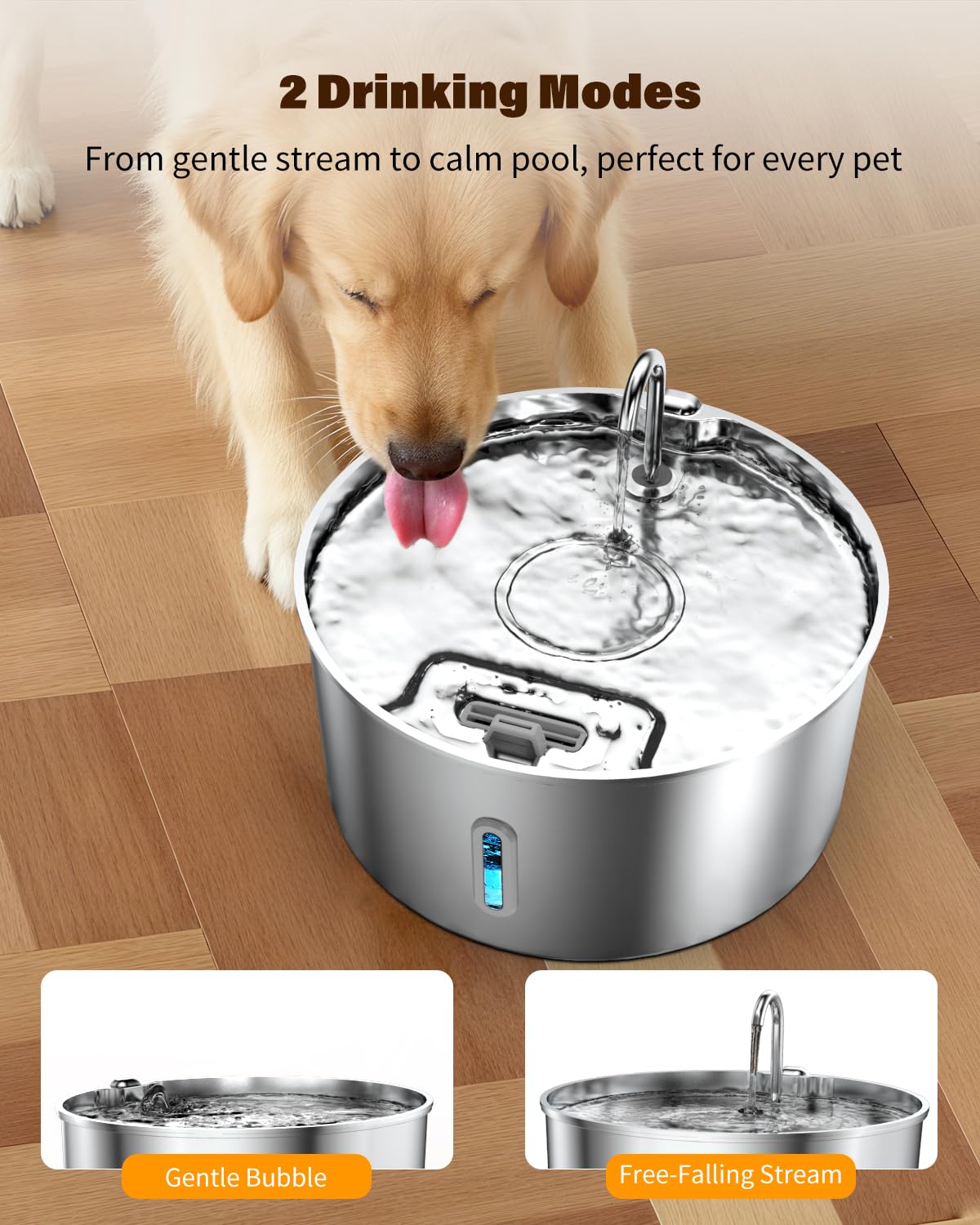 Wonder Creature dual-drinking modes faucet offers gentle stream or flowing fountain.