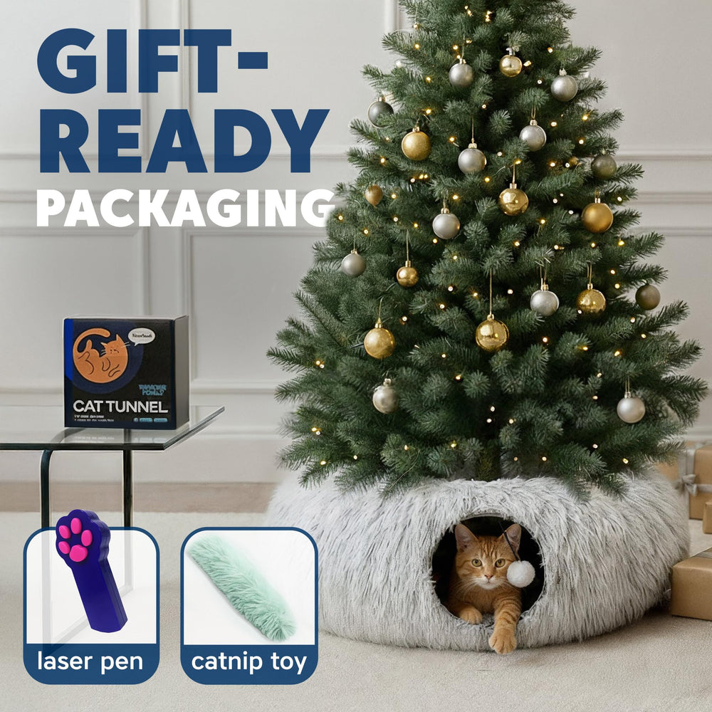 Wonder Family Cat Donut Tunnel Bed packaging under Christmas tree doubles as a playful setup.