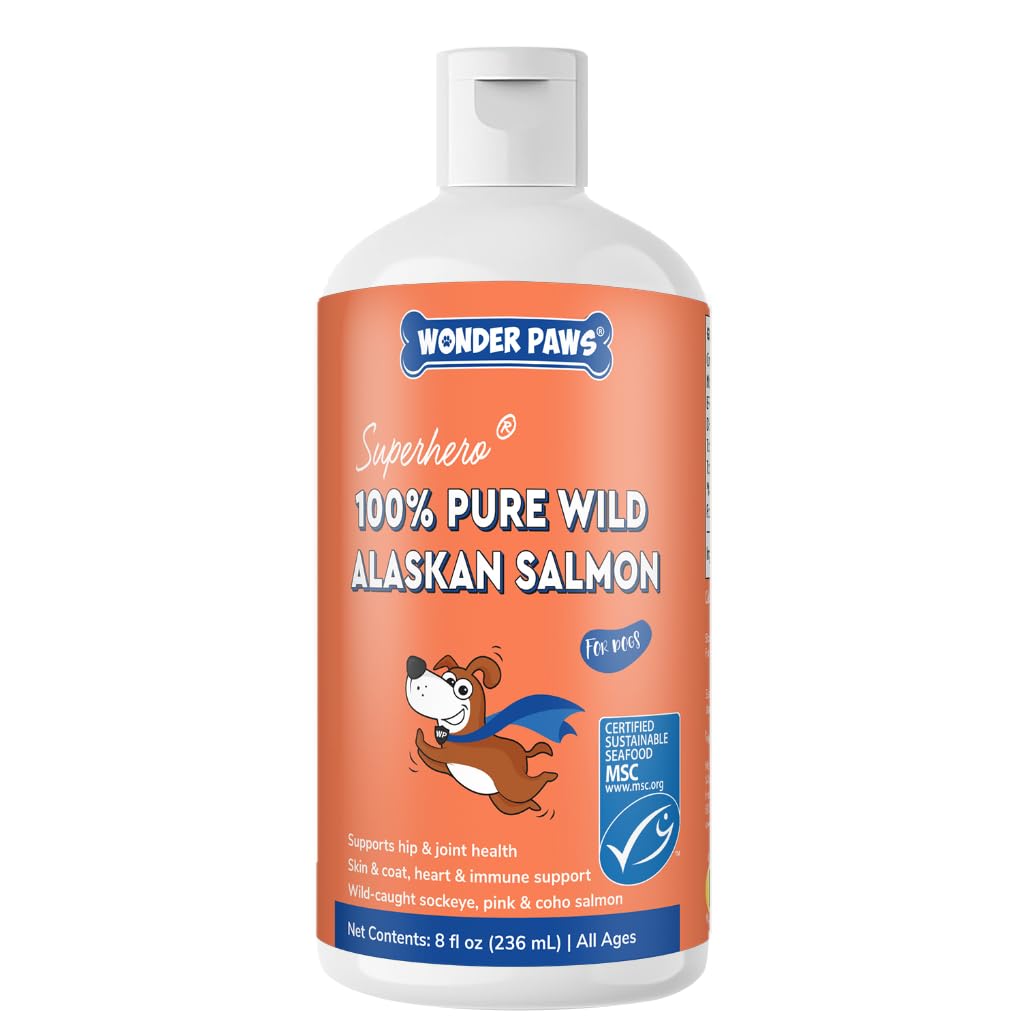 Wonder Paws aceite salmón Alaska, frasco con dosificador para piel sana.