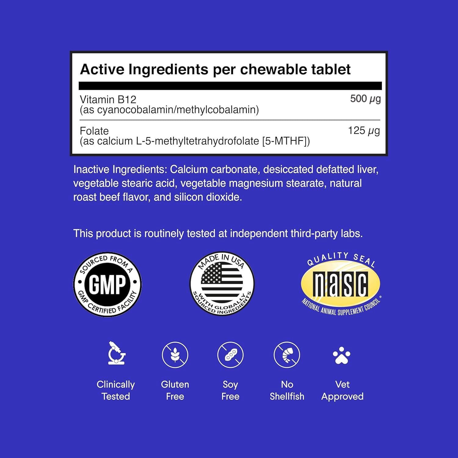 Wonder Paws B12 beef-flavored tablet closeup emphasizes dual B12 forms