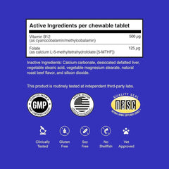 Wonder Paws B12 beef-flavored tablet closeup emphasizes dual B12 forms