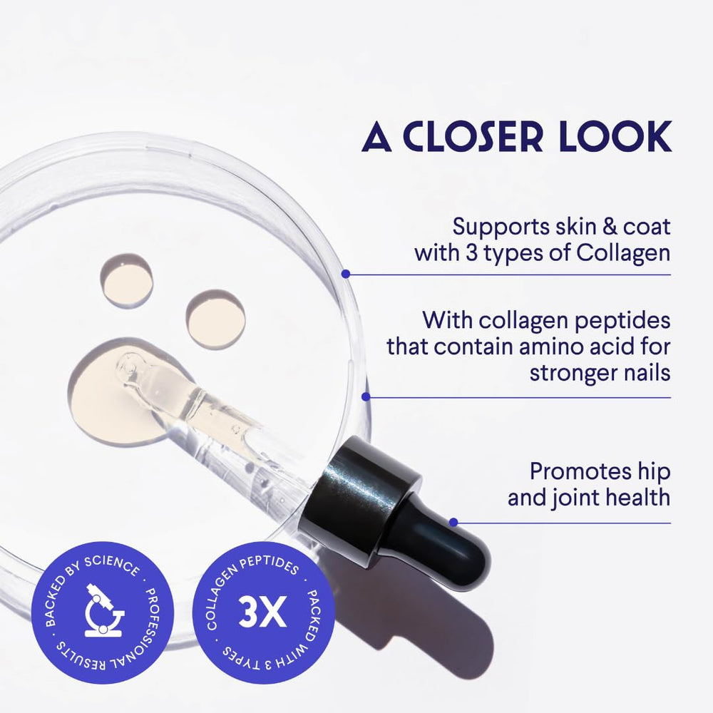 Wonder Paws collagen liquid closeup shows hyaluronic acid and three collagen types for skin and joints.