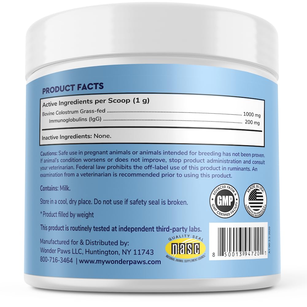 WONDER PAWS colostrum powder jar close-up for gut health and digestion