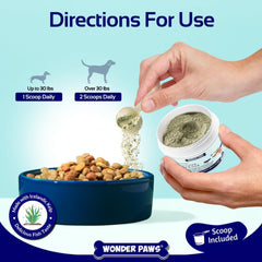 Wonder Paws Dental Powder being sprinkled on dog food supports daily oral care
