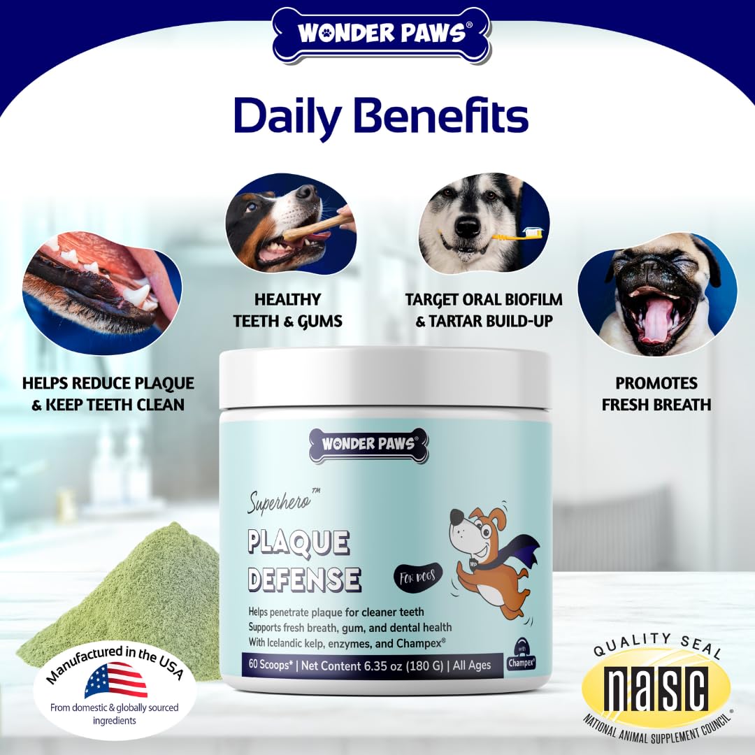 Wonder Paws Dental Powder close-up on teeth highlights plaque-fighting benefits