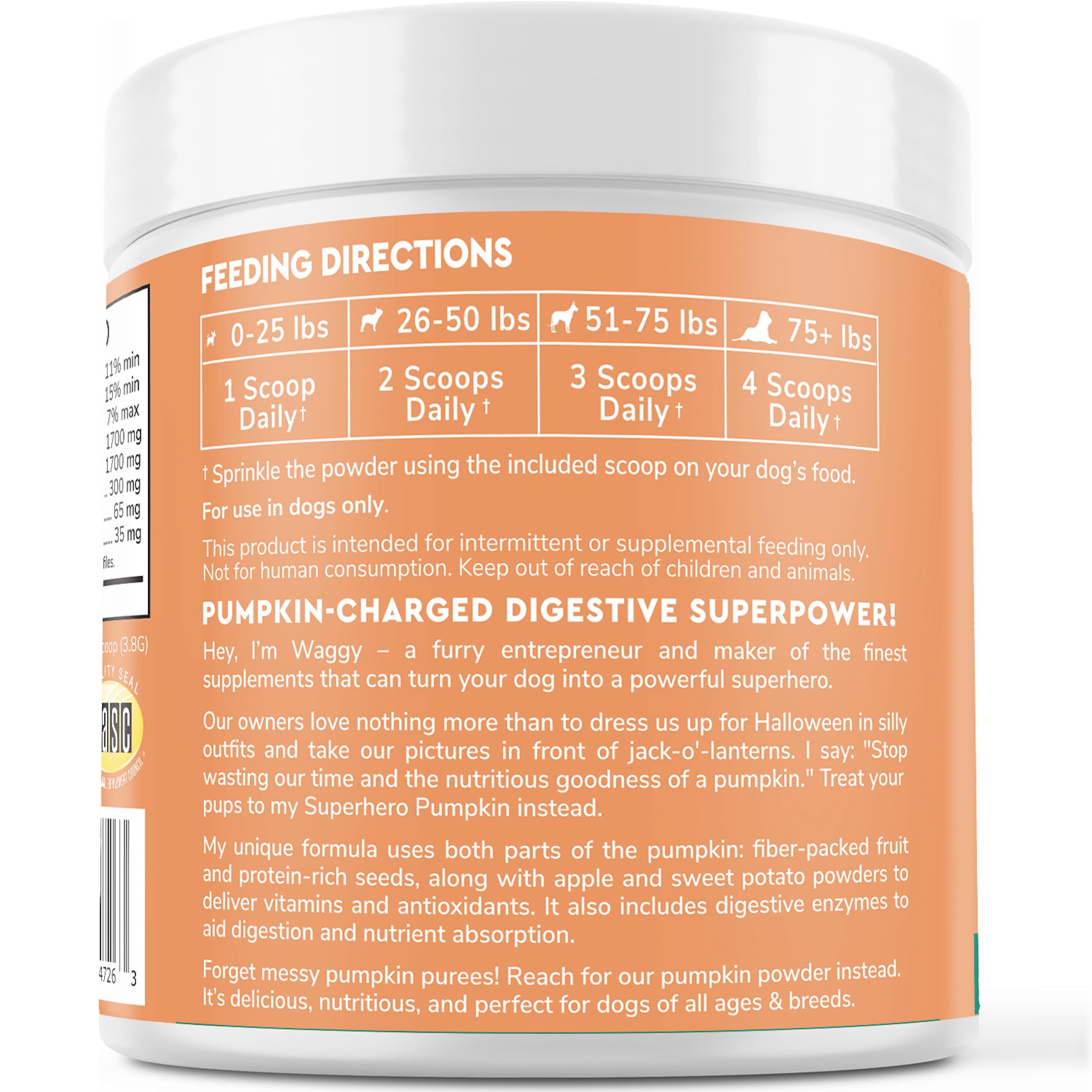 Wonder Paws dog enjoys a meal with pumpkin topping.