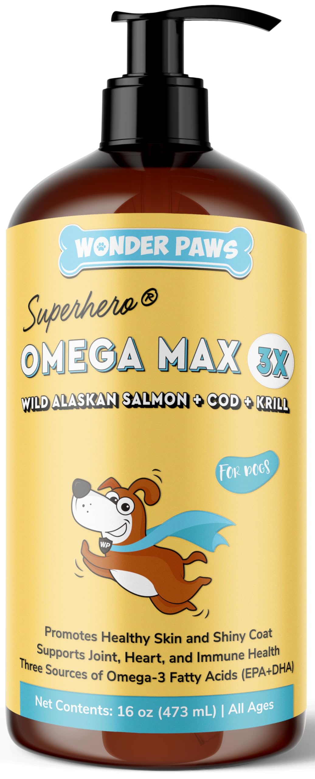 Wonder Paws fish oil bottle pour demonstrates easy dosing for supporting a healthy coat