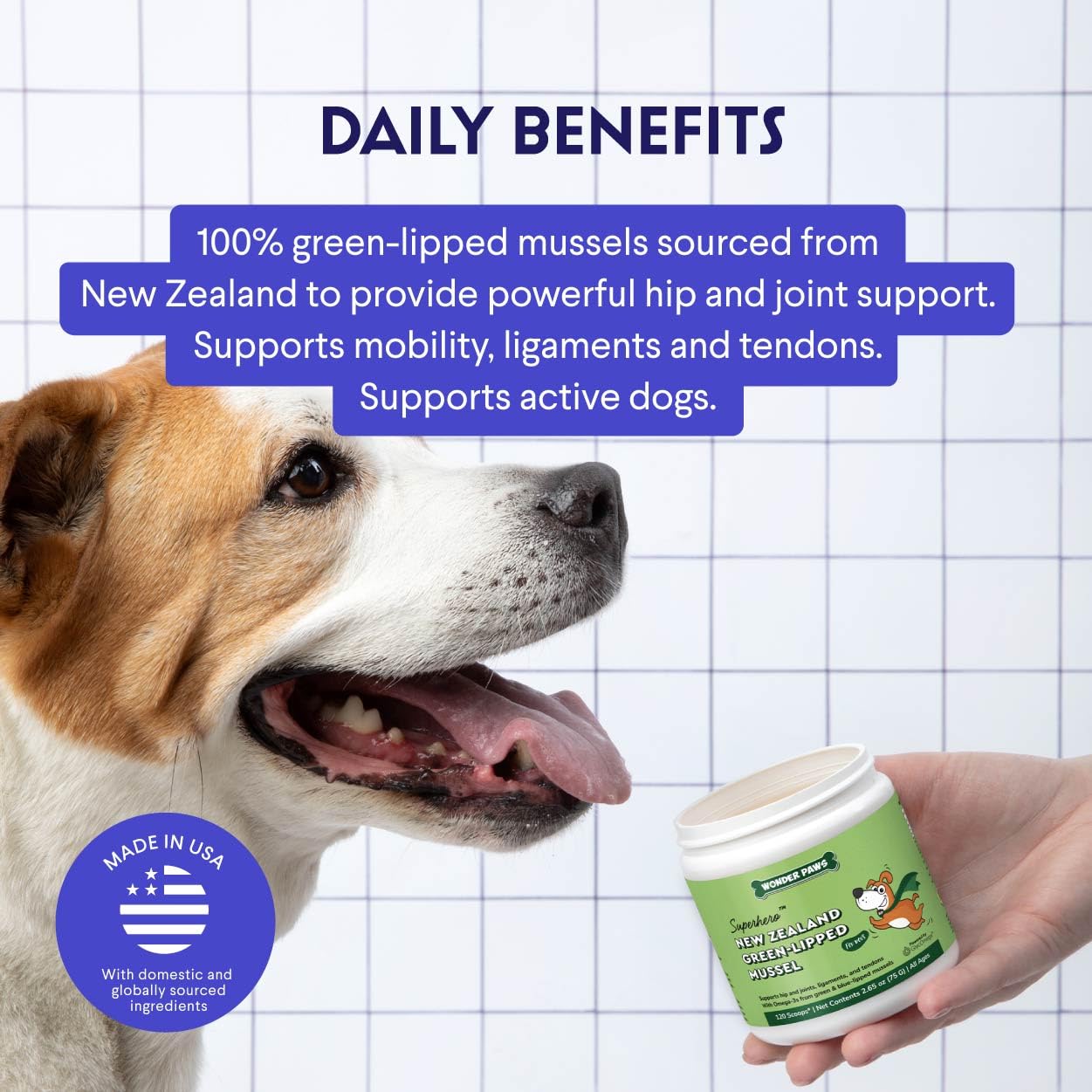 Wonder Paws hip joint-support powder with dog bowl illustrating flexible movement potential