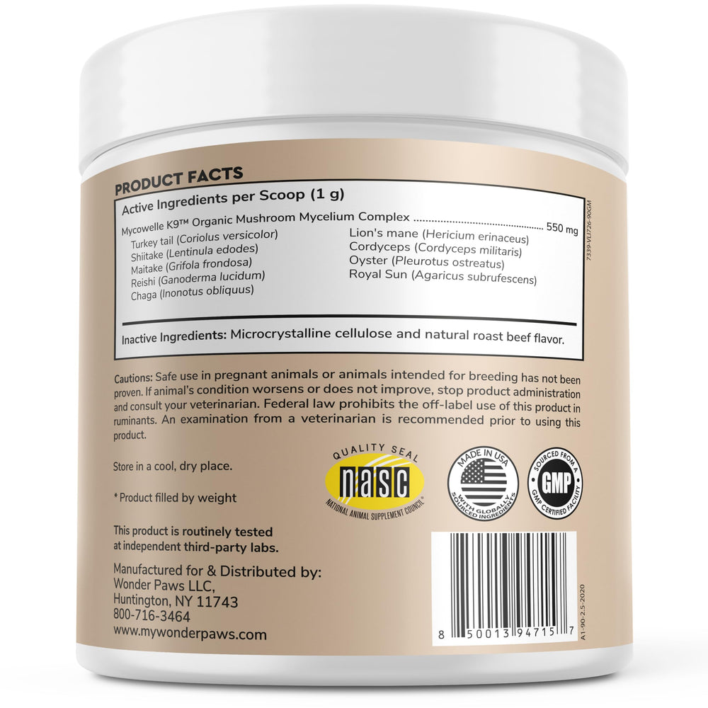 Wonder Paws immune powder dog bowl scene suggests easy mixing into meals