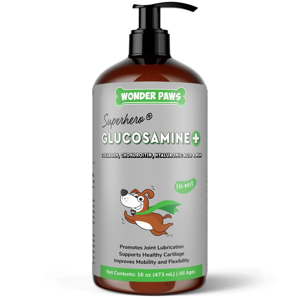 Wonder Paws liquid glucosamine bottle front signals joint support for dogs.