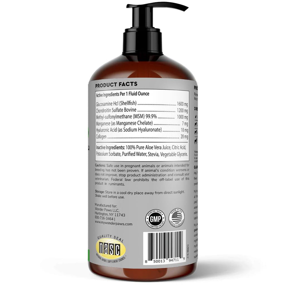 Wonder Paws glucosamine bottle pour demonstrates easy dosing for healthier joints.