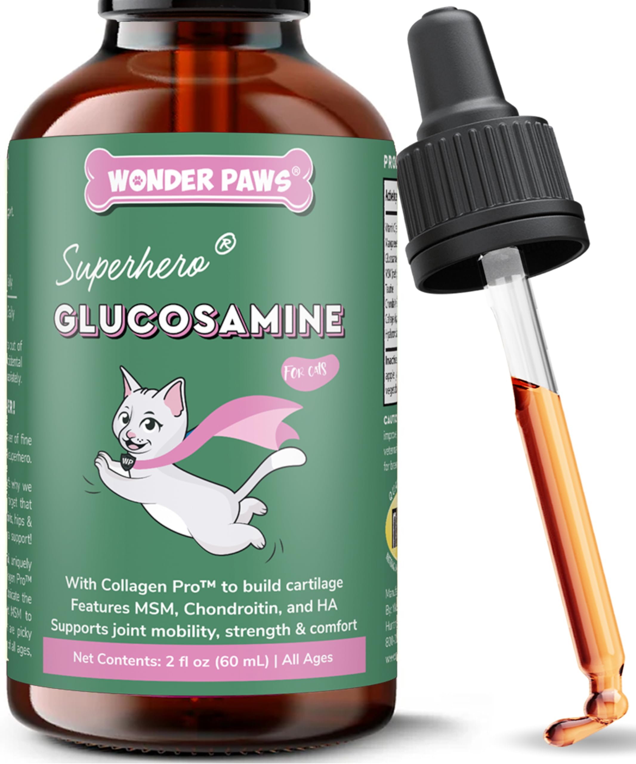 Wonder Paws liquido glucosamina para gatos en bote, apoyo a articulaciones y movilidad.