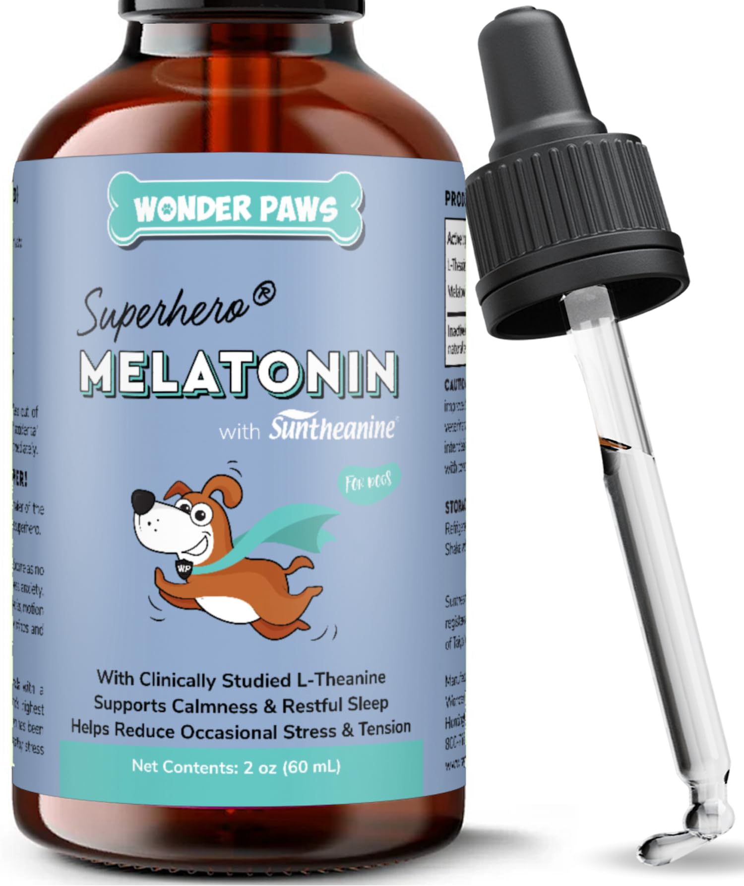 Wonder Paws Melatonin for Dogs bottle with dropper provides easy calming support.
