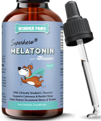 Wonder Paws Melatonin for Dogs bottle with dropper provides easy calming support.