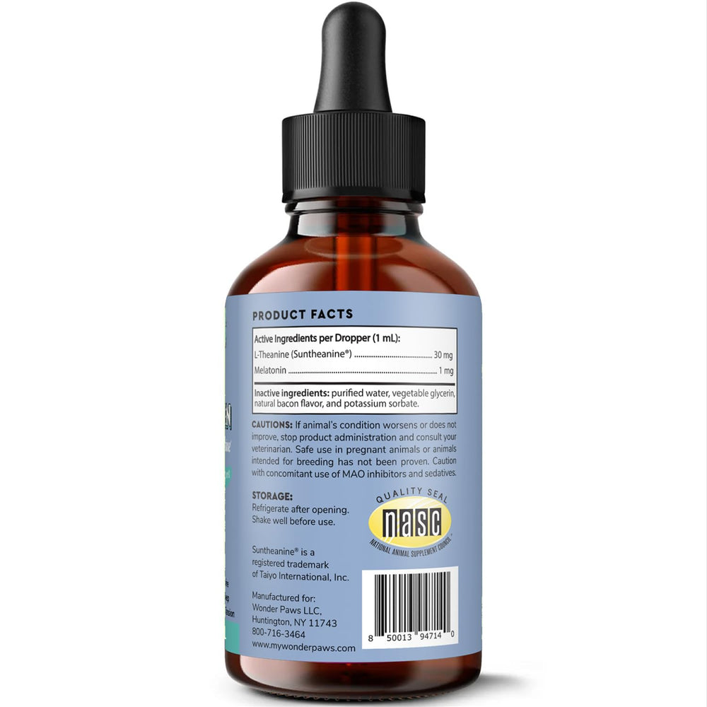Wonder Paws Melatonin for Dogs liquid drops for daily calming and sleep support.