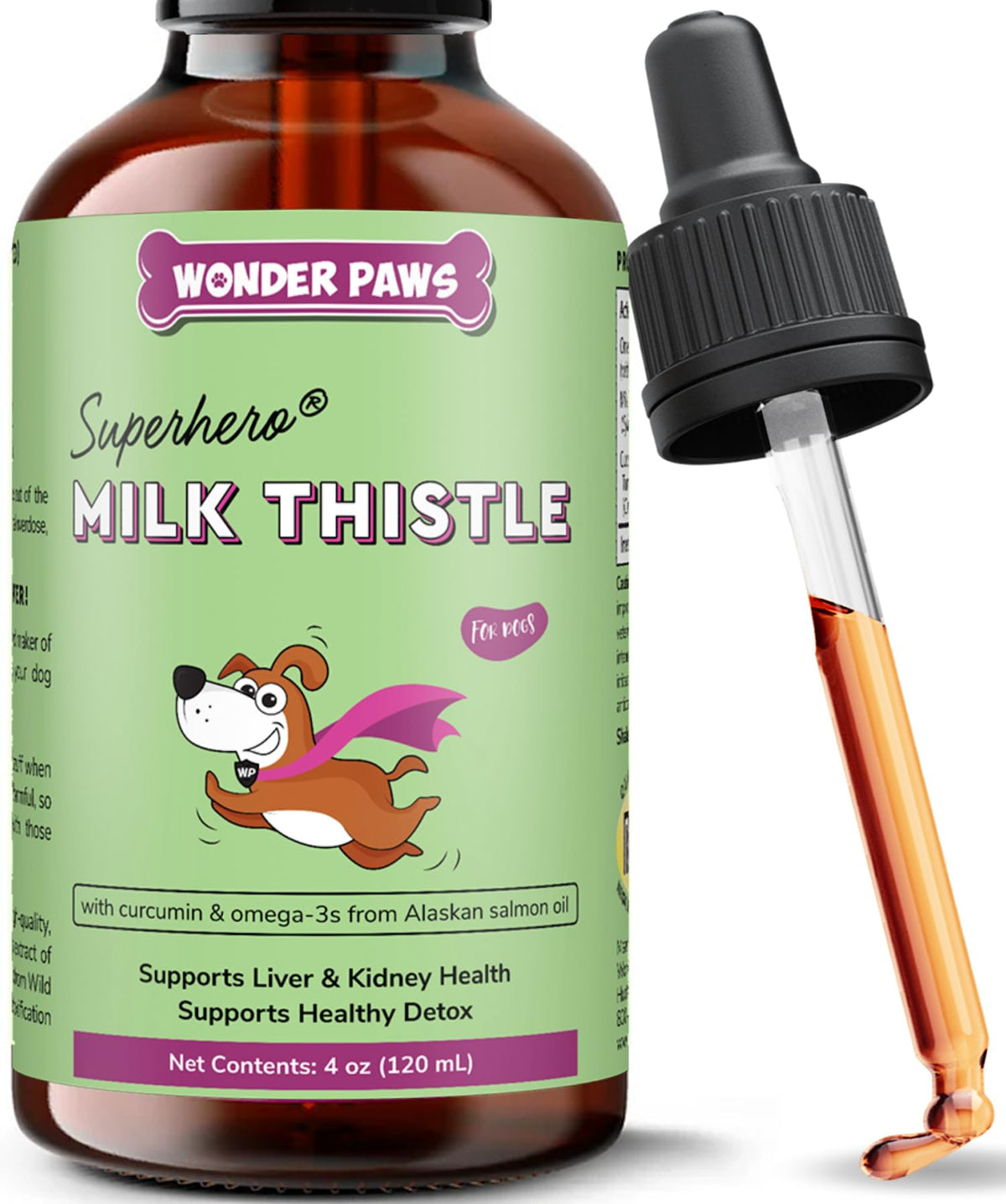 Wonder Paws milk thistle drops bottle promotes canine liver support.