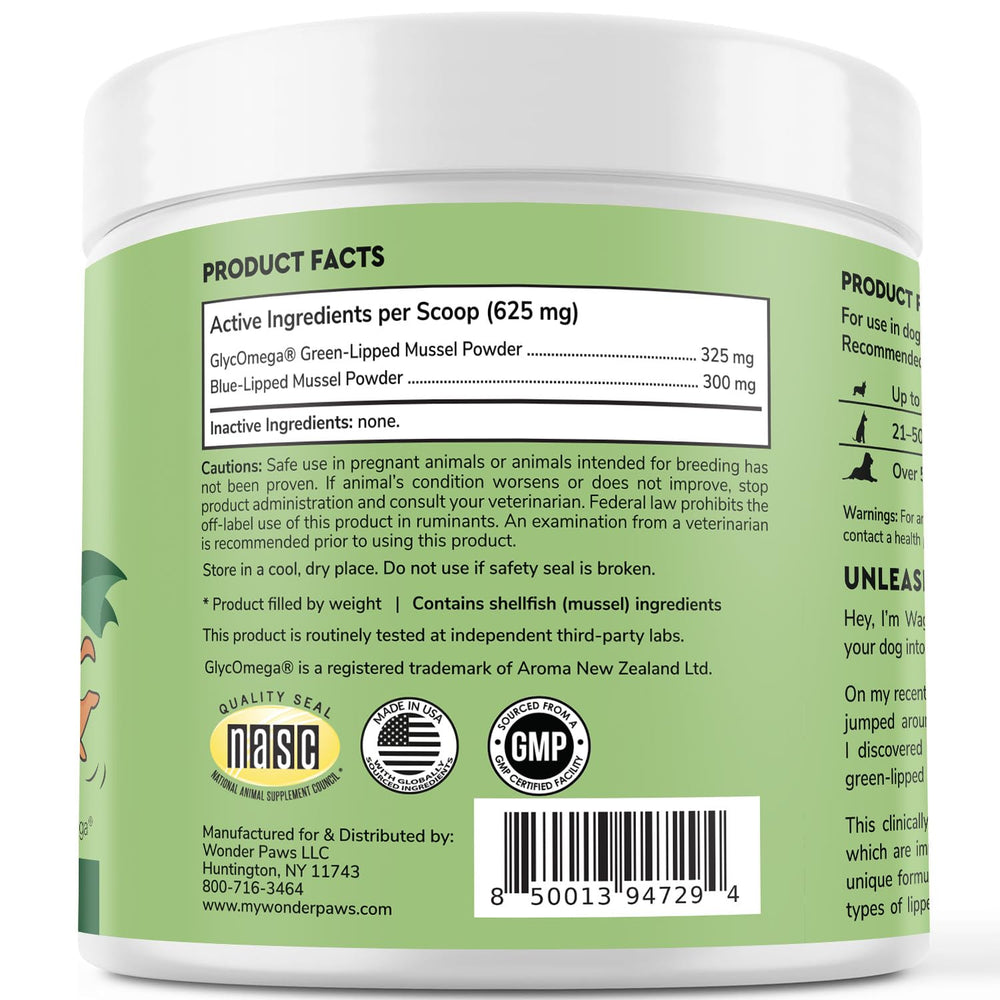 Wonder Paws New Zealand GlycOmega mussels packaging highlighting premium source for mobility