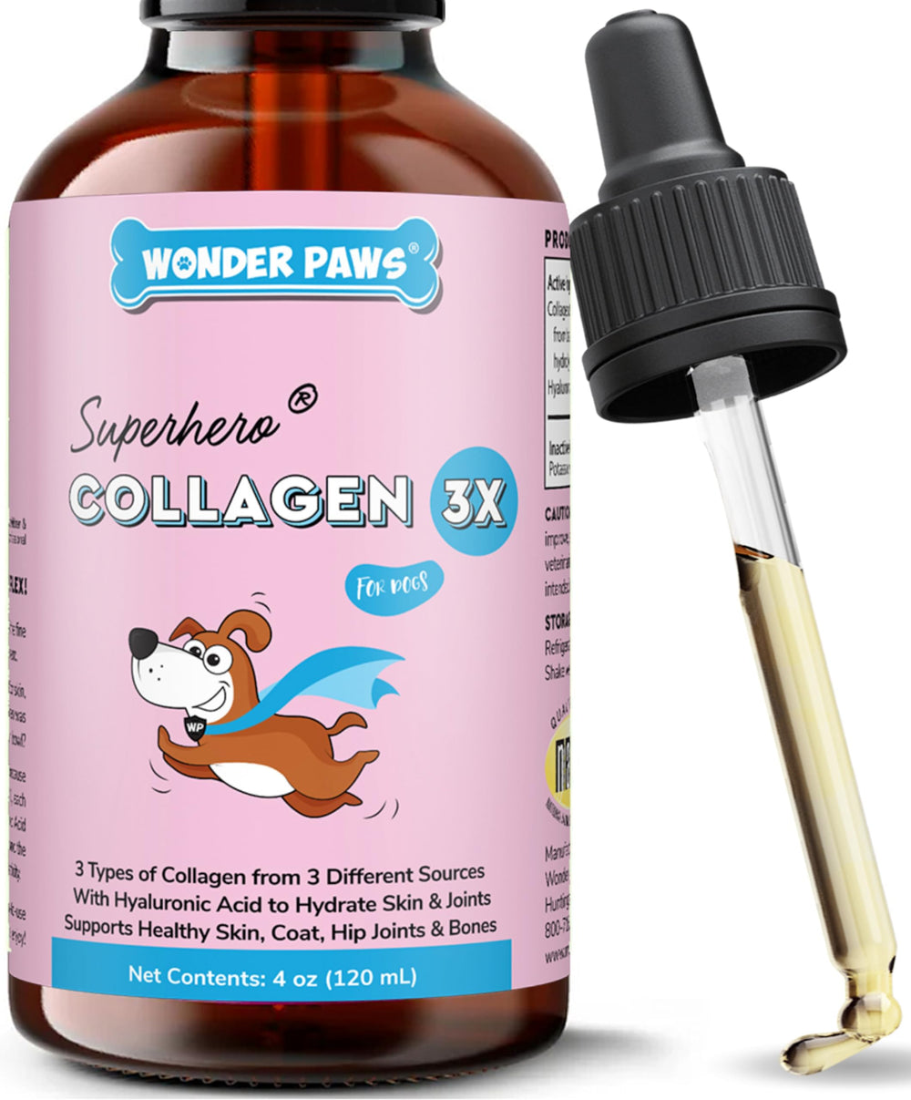 Wonder Paws premium collagen for dogs bottle highlighting daily joint support and healthy coat.
