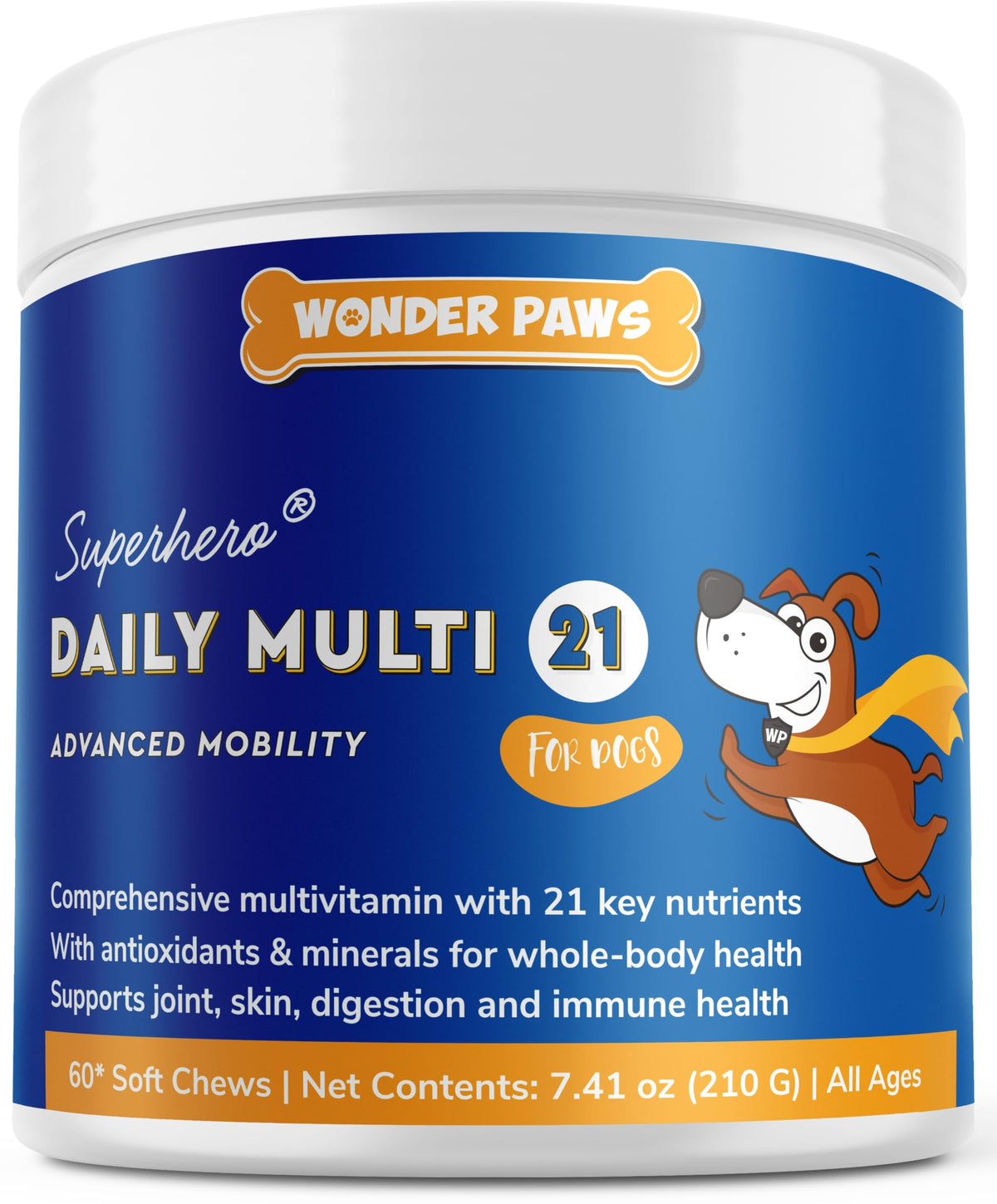 Wonder Paws premium dog multivitamin chews bottle closeup for daily nutrition.