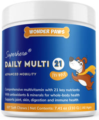 Wonder Paws premium dog multivitamin chews bottle closeup for daily nutrition.