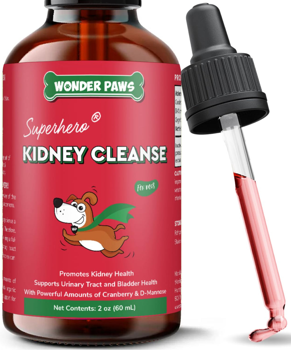 Wonder Paws Premium Kidney Support dog bottle highlights easy-dose liquid formula for kidney health.