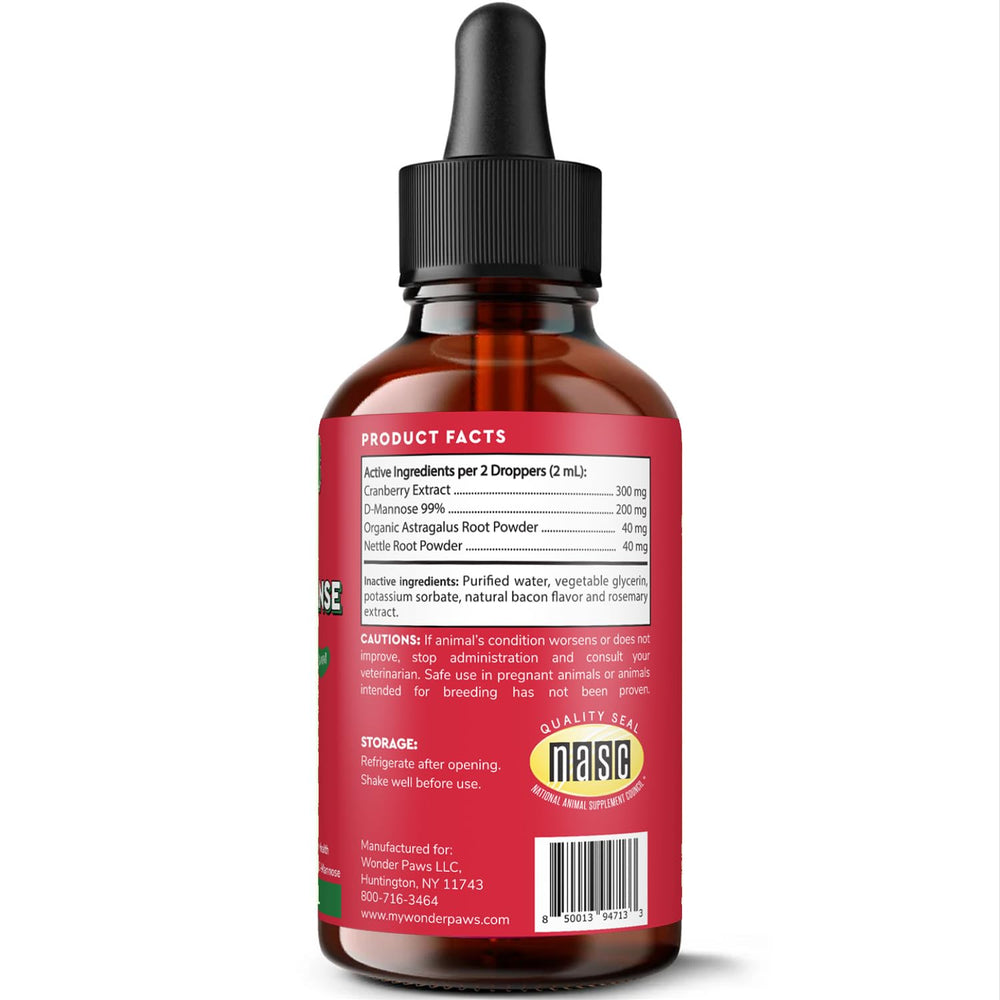Wonder Paws Premium Kidney Support dog drops bottle shows cranberry-rich blend for bladder health.