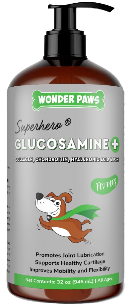 Wonder Paws premium liquid glucosamine bottle pour supports joint care in dogs.