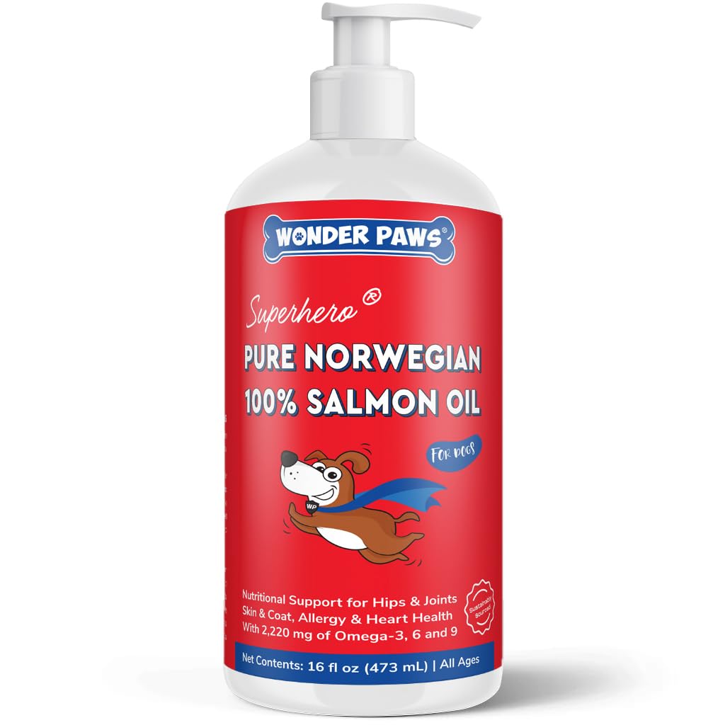 Wonder Paws premium salmon oil bottle pump demonstrates easy daily dosing for healthier skin and coat.