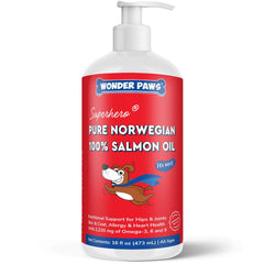 Wonder Paws premium salmon oil bottle pump demonstrates easy daily dosing for healthier skin and coat.