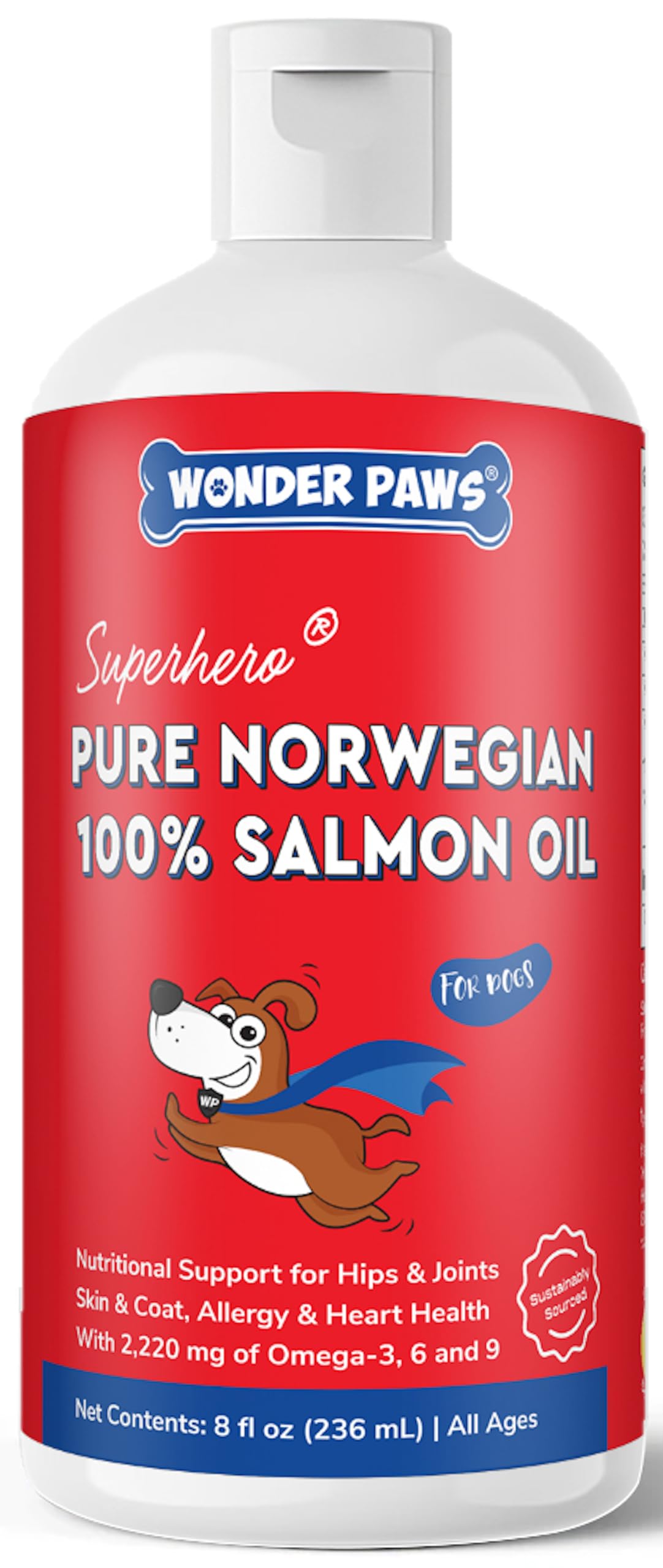 Wonder Paws Salmon Oil bottle pour demonstrates easy daily dosing for healthy skin.