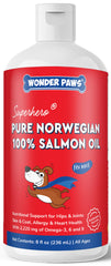 Wonder Paws Salmon Oil bottle pour demonstrates easy daily dosing for healthy skin.