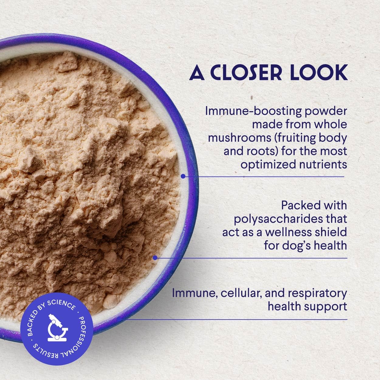 Wonder Paws turkey tail powder sprinkled on kibble for a convenient daily boost