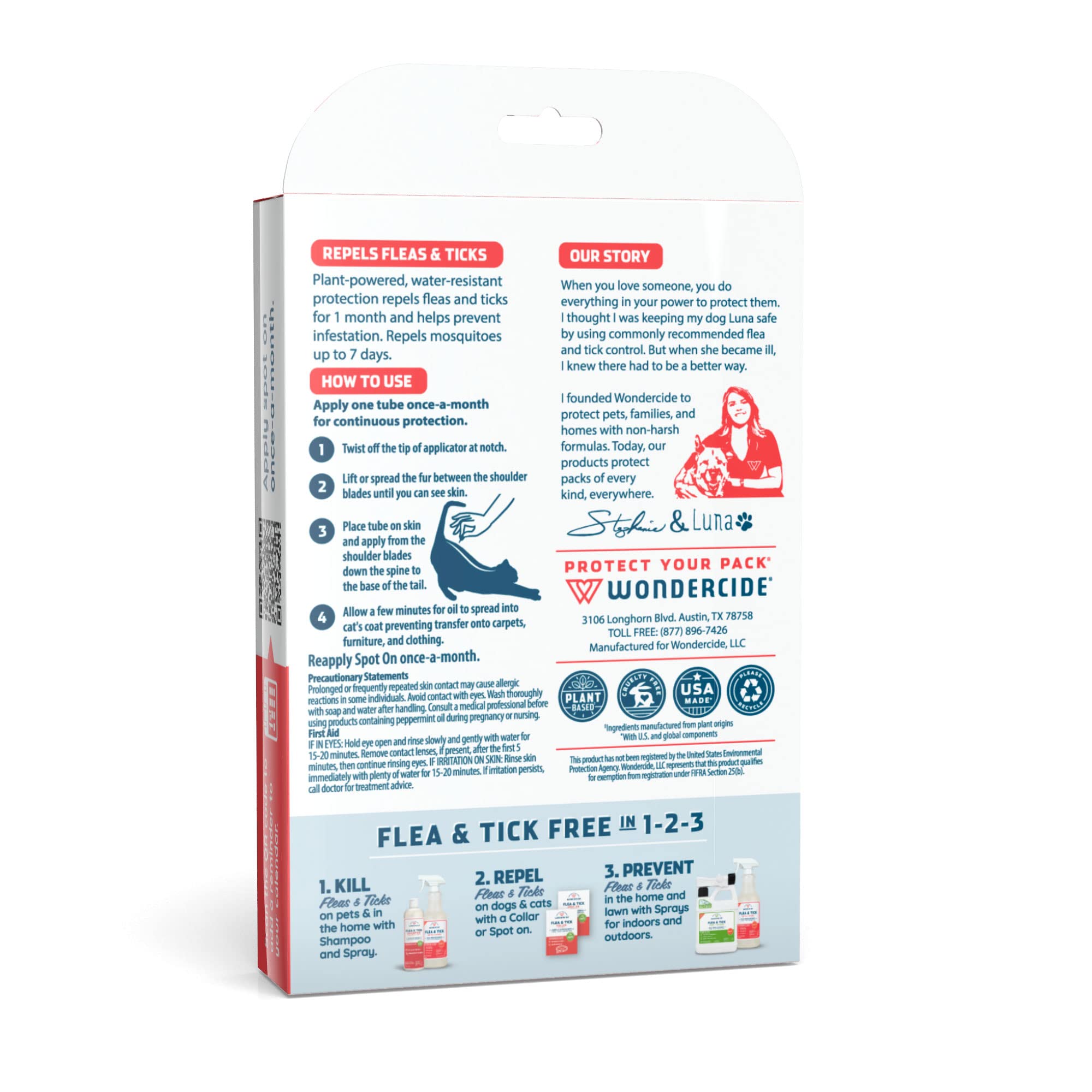Wondercide recyclable packaging accompanies the three-tube kit for sustainable pet care.