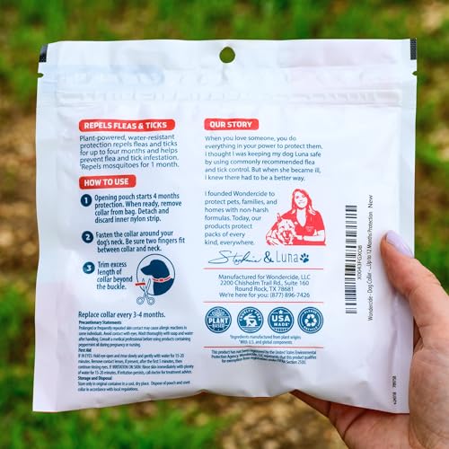 Wondercide dog collar closeup ingredients highlights natural essential oils used for repellency.