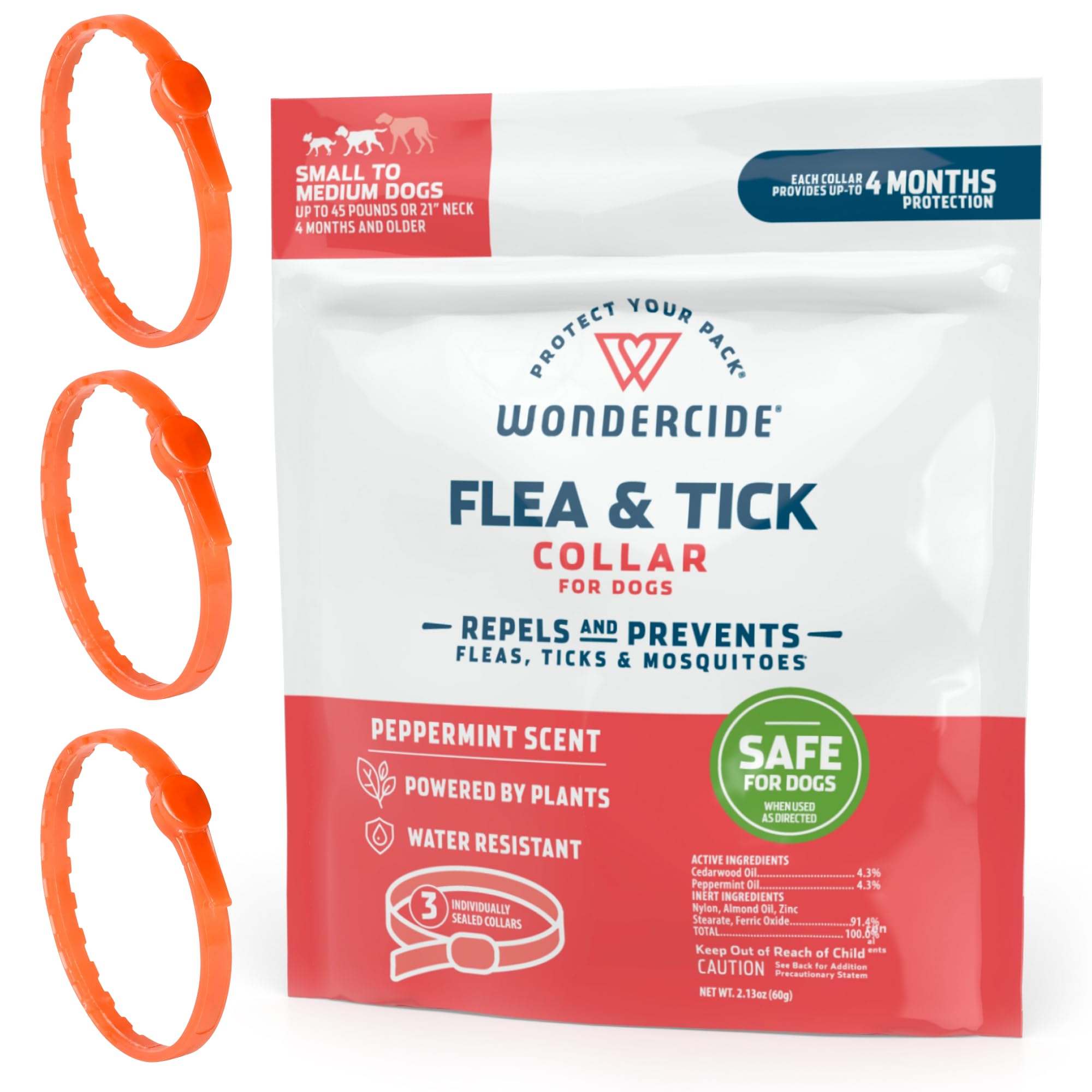 Wondercide dog collar packaging shows plant-based formula and easy sizing for small to medium dogs.